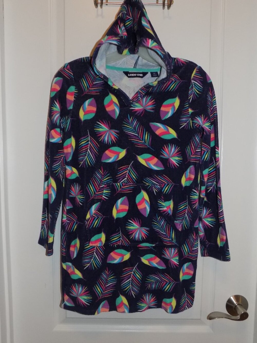 LANDS END Terry Coverup Leaf Beach Pool Girls 10-12 Blue Multi Hooded Mini Boden